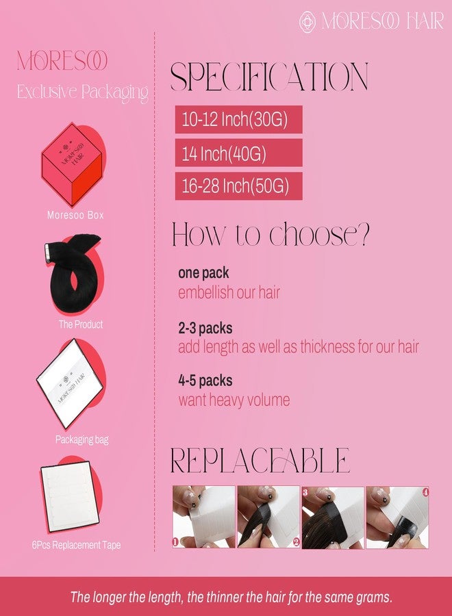 Moresoo Black Tape in Hair Extensions Human Hair Invisible PU Tape in Extensions Straight Glue in Extensions Remy Human Hair Extensions Glue in Straight Hair 18 Inch #1 20pcs 50g - Image 4